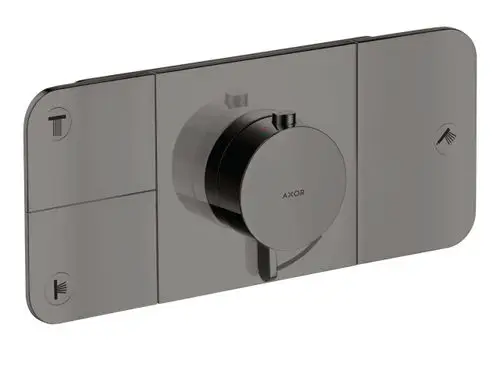 Thermostatmodul in Polished Black Chrome für die Wandmontage. Das Bedienfeld verfügt über einen runden Regler und Symbole für verschiedene Wasserverbraucher. Marke: AXOR.
